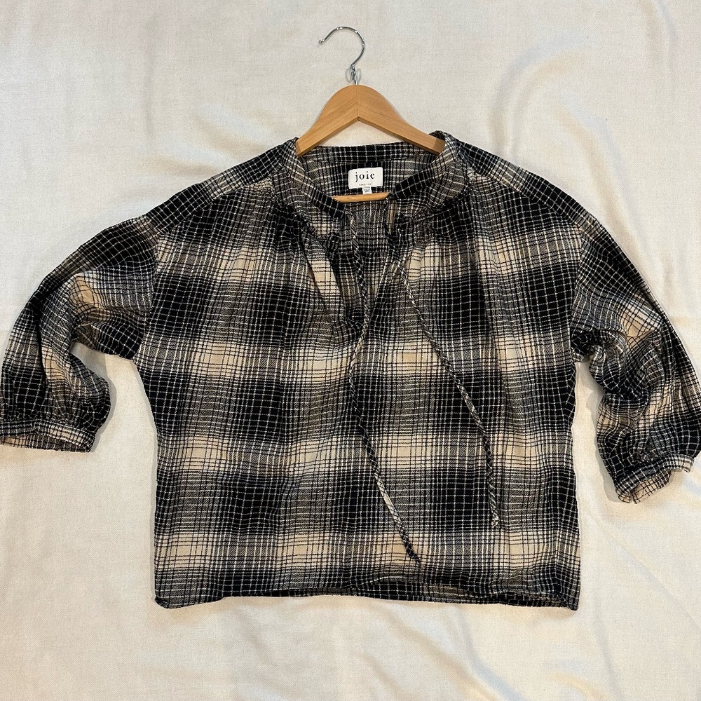 JOIE Barrian Split Neck Plaid Cotton Top, Size Medium